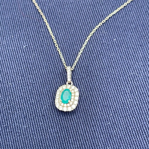 Diamond/Gemstone pendant OVL EMRL double HALO Dia 0.45 CTTW I1 HJ 14K 2TONE - Picture 2 of 8